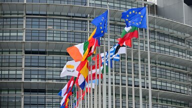 Flaggen der europäischen Mitgliedsstaaten vor dem Louise-Weiss Gebäude, dem Sitz des EU Parlaments im französischen Straßburg.
