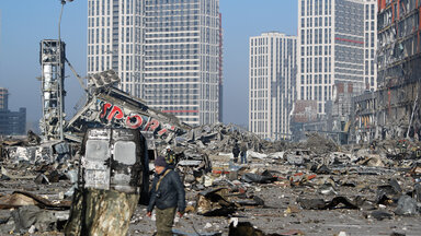 Wreckage and debris outside a damaged shopping centre in the Podilskyi district of Kyiv by Russian air strikes, amid Russian invasion, in Kyiv, Ukraine