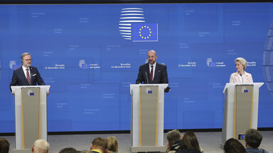 The European Commission President Ursula von der Leyen speaks at a joint press conference with the Czech Prime Minister Petr Fiala and the European Council President Charles Michel.