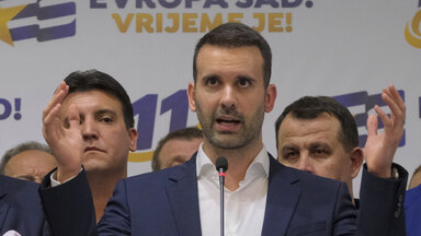 Milojko Spajic, president of the centrist Europe Now party speaks at his headquarters after parliamentary election in Montenegro's capital Podgorica, Sunday, June 11, 2023.