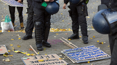 Pro-palaestinensische Grossdemonstration. Polizisten kontrollieren Plakate auf antisemitische Inhalte.