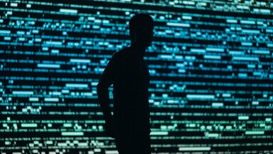 Dark silhouette of a person in front of a big screen full of gree and blue data