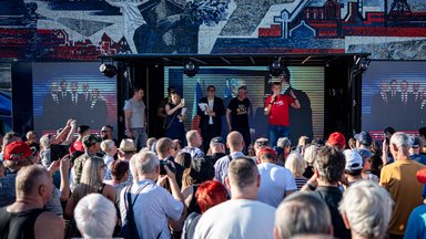 Andrej Babiš, leader of ANO movement greets supporters during an election campaign rally.