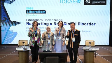 Panellists in IDEAS Liberalism Conference 2025.    From left to right: Katrin Bannach (Project Director, FNF Malaysia and Indonesia); Aira Azhari (Chief Executive Officer, IDEAS Malaysia); Dr. Tricia Yeoh (Associate Professor, University of Nottingham Malaysia); Prof. Chin-Huat Wong (Deputy Head of Strategy, Sunway University).