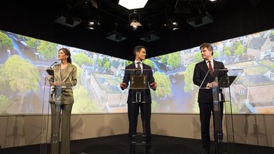 THE HAGUE – Party leaders Rob Jetten (D66), Henri Bontenbal (CDA), and Dilan Yesilgoz (VVD) presenting their coalition agreement at Nieuwspoort.