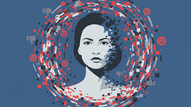 Symbolbild: Eine Frau in der Bildmitte, umgeben von einem Wirbel aus Chat-/Sprechblasen, Emoji-Symbolen und Störbild-Fragmenten.