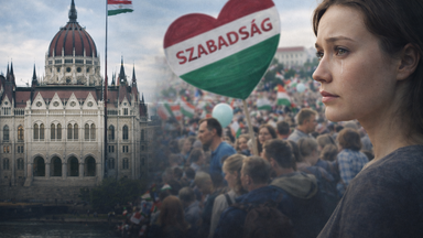 A woman stands in front of the Hungarian Parliament building in Budapest, with a crowd in the background holding a heart-shaped sign reading ‘Szabadság’ (freedom).