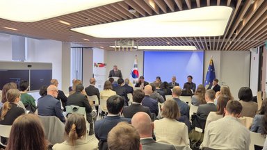 Event at the Delegation of the European Union to the Republic of Korea, showing a panel discussion with many participants.