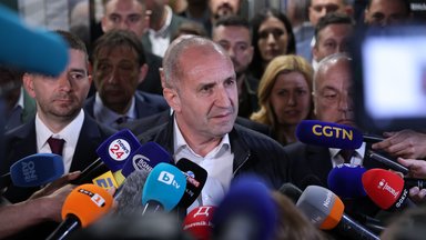 Rumen Radev, Leader of "Progressive Bulgaria" Party addresses the press on election night. 