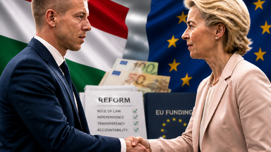 AI-generated illustration (not depicting real individuals) of EU–Hungary negotiations on reforms and funding