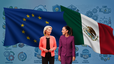 European Commission President Ursula von der Leyen and Mexican President Claudia Sheinbaum walking side to side