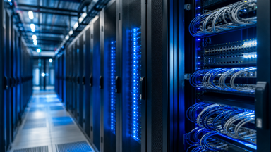 Serverraum mit vernetzten Serverschränken, zahlreichen Kabeln und blauer LED-Beleuchtung.