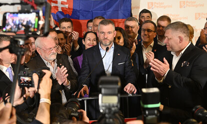 Präsidentschaftskandidat Peter Pellegrini spricht zu seinen Anhängern nach der Präsidentschaftswahl in Bratislava, Slowakei