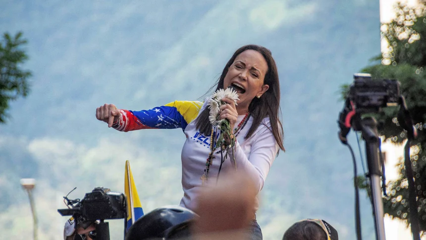 María Corina Machado en una manifestación en Caracas en enero de 2025.