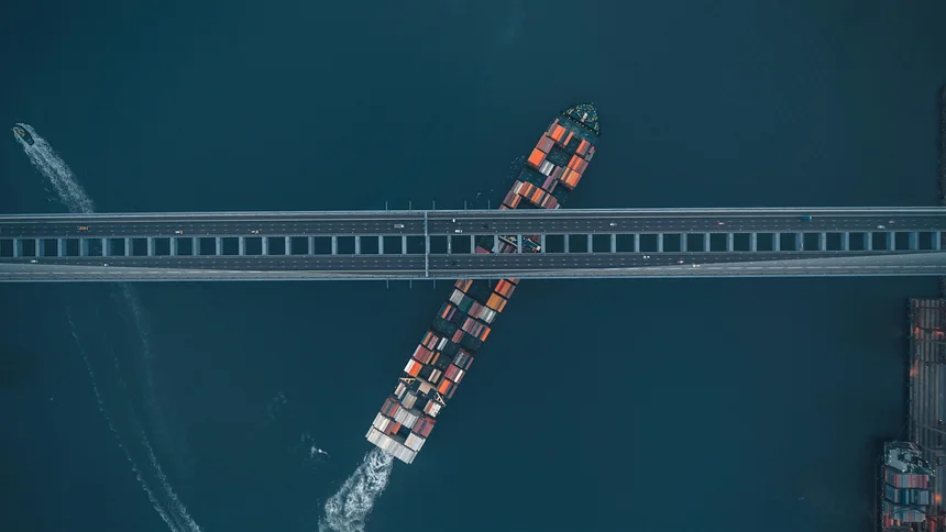 Aerial view of container cargo ship in transportation business.