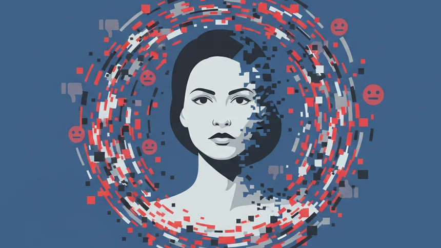 Symbolbild: Eine Frau in der Bildmitte, umgeben von einem Wirbel aus Chat-/Sprechblasen, Emoji-Symbolen und Störbild-Fragmenten.