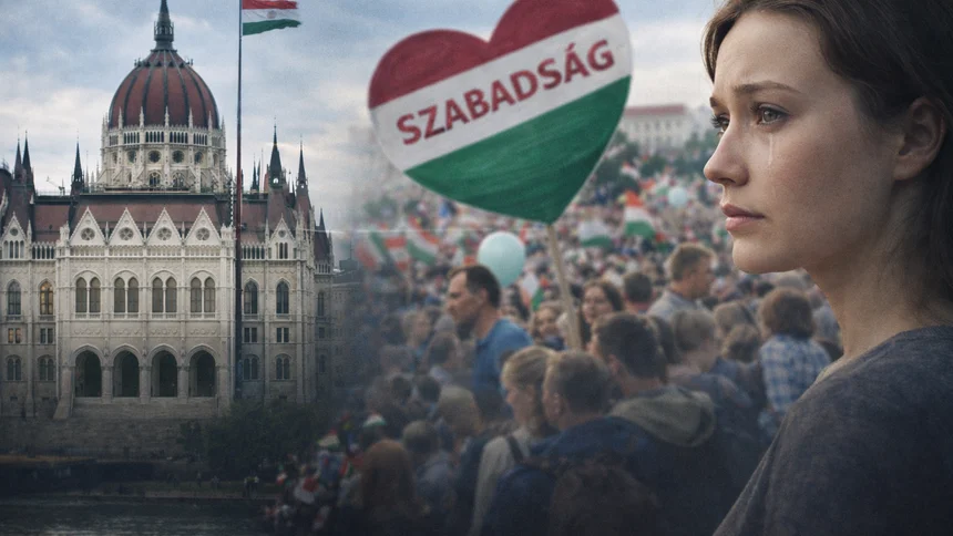 A woman stands in front of the Hungarian Parliament building in Budapest, with a crowd in the background holding a heart-shaped sign reading ‘Szabadság’ (freedom).
