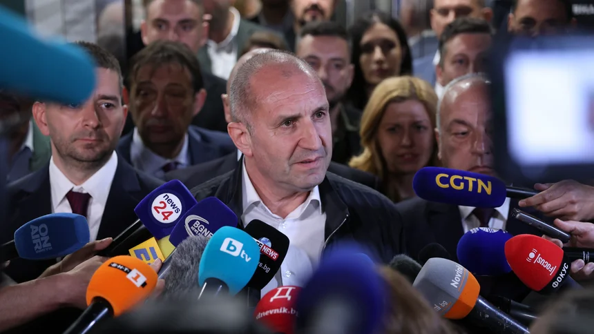Rumen Radev, Leader of "Progressive Bulgaria" Party addresses the press on election night. 