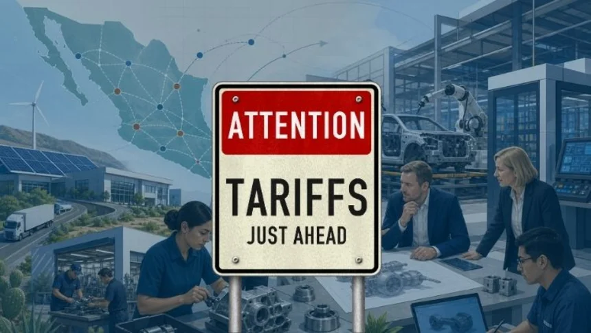 Image of cross border trade between Mexico and the US is disrupted by a sign that cries "Attention tariffs ahead!"
