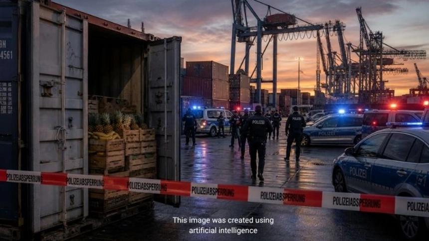 Ship yard with containsers seized by the German police