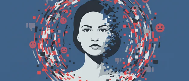 Symbolbild: Eine Frau in der Bildmitte, umgeben von einem Wirbel aus Chat-/Sprechblasen, Emoji-Symbolen und subtilen Störbild-Fragmenten. Bild mit KI erstellt.